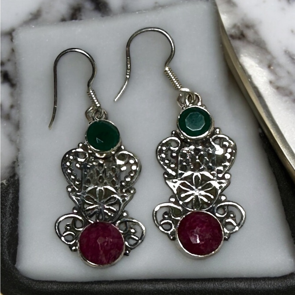Green Chalcedony & Raw Red Ruby Sterling Silver Drop Earrings